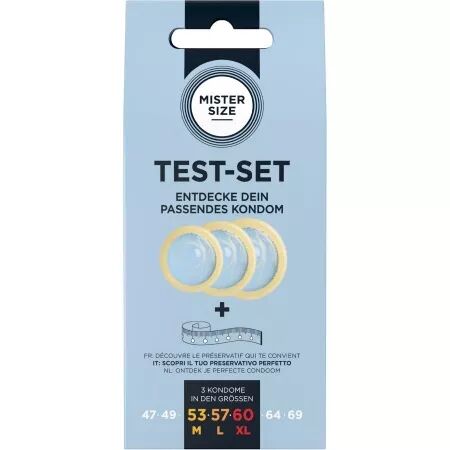 MISTER SIZE - KIT DE TEST : 3 PR&Eacute;SERVATIFS DE TAILLES DIFF&Eacute;RENTES + M&Eacute;LANGE &Agrave; POINTS