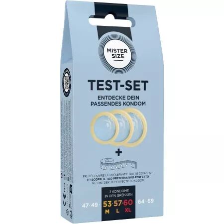 MISTER SIZE - KIT DE TEST : 3 PR&Eacute;SERVATIFS DE TAILLES DIFF&Eacute;RENTES + M&Eacute;LANGE &Agrave; POINTS