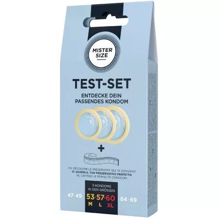 MISTER SIZE - KIT DE TEST : 3 PR&Eacute;SERVATIFS DE TAILLES DIFF&Eacute;RENTES + M&Eacute;LANGE &Agrave; POINTS