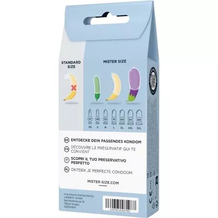 MISTER SIZE - KIT DE TEST : 3 PR&Eacute;SERVATIFS DE TAILLES DIFF&Eacute;RENTES + M&Eacute;LANGE &Agrave; POINTS