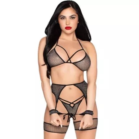 LEG AVENUE - 89362 ENSEMBLE HAUT + STRING + PORTE-JARRETELLES + MENOTTES NOIR - TAILLE UNIQUE