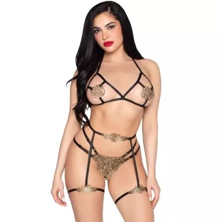 LEG AVENUE - 89364 ENSEMBLE SOUTIEN-GORGE + STRING + HARNAIS LUXUEUX - TAILLE UNIQUE