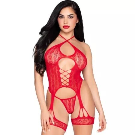 LEG AVENUE - 89338 BODY OUVERT EN DENTELLE AVEC PORTE-JARRETELLES + STRING ROUGE - TAILLE UNIQUE