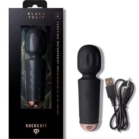 ROCKS-OFF - MINI BAGUETTE RECHARGEABLE 16 FONCTIONS TULIPE NOIRE