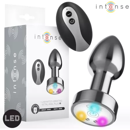 INTENSE - PLUG ANAL VIBRANT EN M&Eacute;TAL AVEC LUMI&Egrave;RES LED ET T&Eacute;L&Eacute;COMMANDE - TAILLE M