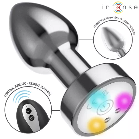 INTENSE - PLUG ANAL VIBRANT EN M&Eacute;TAL AVEC LUMI&Egrave;RES LED ET T&Eacute;L&Eacute;COMMANDE - TAILLE M