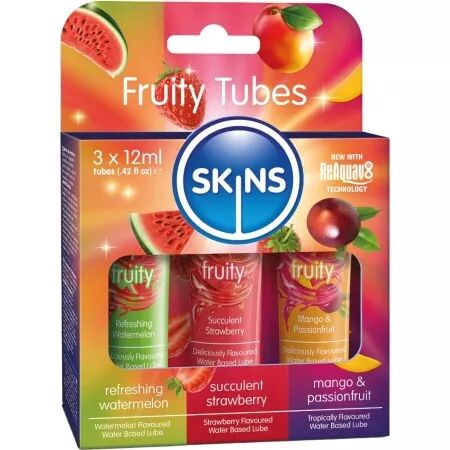 KIT DE LUBRIFIANTS FRUIT&Eacute;S SKINS - PAST&Egrave;QUE, FRAISE ET MANGUE 3 x 12 ML