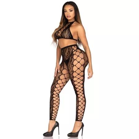 LEG AVENUE - 89372 CROP TOP ET COLLANTS SANS ENTREJAMBE NOIRS - TAILLE UNIQUE