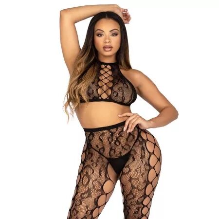 LEG AVENUE - 89372 CROP TOP ET COLLANTS SANS ENTREJAMBE NOIRS - TAILLE UNIQUE