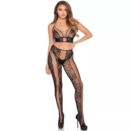 LEG AVENUE - 89368 ENSEMBLE CROP TOP ET COLLANTS NOIRS EN R&Eacute;SILLE ET DENTELLE - TAILLE UNIQUE