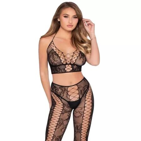 LEG AVENUE - 89368 ENSEMBLE CROP TOP ET COLLANTS NOIRS EN R&Eacute;SILLE ET DENTELLE - TAILLE UNIQUE