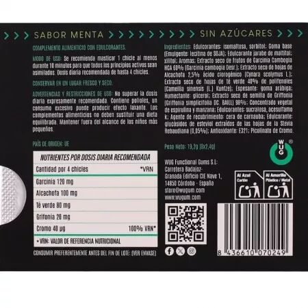 WUG DIET - Chewing-gum fonctionnel sans sucre &agrave; la menthe, plaquette thermoform&eacute;e de 8 pi&egrave;ces