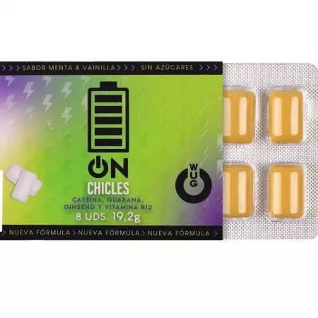 WUG ON - GOMME FONCTIONNELLE &Agrave; LA CAF&Eacute;INE ET AU GUARANA, SAVEUR MENTHE ET VANILLE, PLAQUETTE DE 8 COMPRIM&Eacute;S