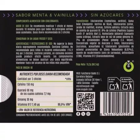 WUG ON - GOMME FONCTIONNELLE &Agrave; LA CAF&Eacute;INE ET AU GUARANA, SAVEUR MENTHE ET VANILLE, PLAQUETTE DE 8 COMPRIM&Eacute;S