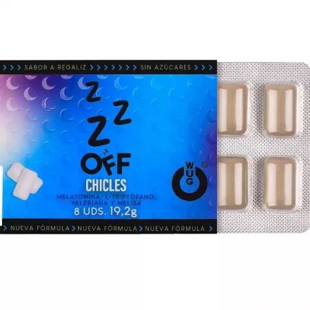 WUG OFF - Chewing-gum fonctionnel &agrave; la m&eacute;latonine et &agrave; la val&eacute;riane, saveur r&eacute;glisse, plaquette thermoform&eacute;e de 8 pi&egrave;ces