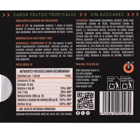WUG SOLAR - Chewing-gum fonctionnel aux vitamines et au zinc, saveur fruits tropicaux, plaquette thermoform&eacute;e de 8 unit&eacute;s