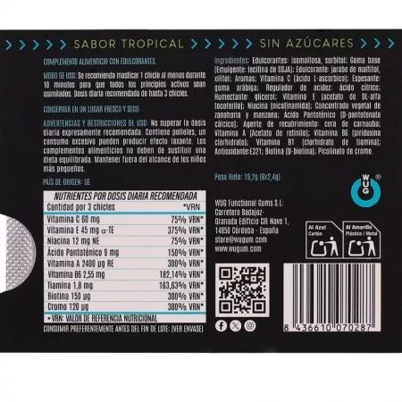 WUG MULTIVIT - GOMME &Agrave; M&Acirc;CHER MULTIVITAMINES FONCTIONNELLES, SAVEUR TROPICALE, PLAQUETTE DE 8 PI&Egrave;CES