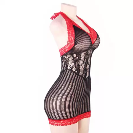 QUEEN LINGERIE - CHEMISE CROCHET NOIR ET ROUGE S/L