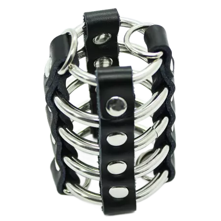 OHMAMA FETISH - CAGE  PÉNIS AVEC ANNEAUX MÉTALLIQUES ET SANGLE EN CUIR