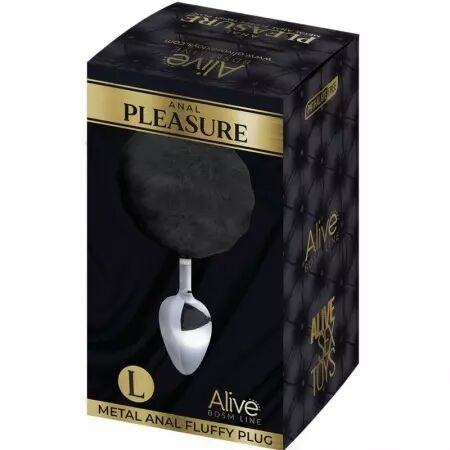 ALIVE - PLUG DE PLAISIR ANAL LISSE M&Eacute;TAL FLUFFY NOIR TAILLE L