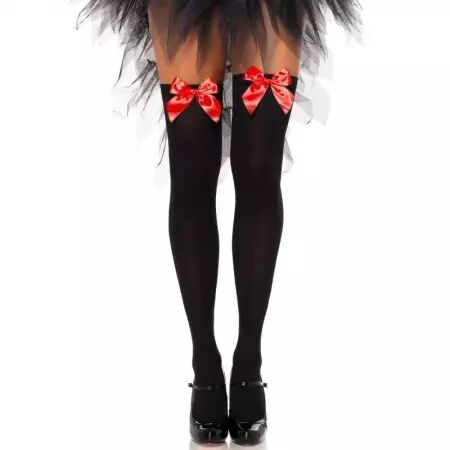 LEG AVENUE - CUISSES HAUTES EN NYLON NOIR AVEC NOEUD ROUGE TAILLE UNIQUE