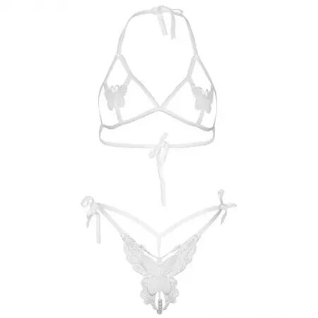 LEG AVENUE - ENSEMBLE DEUX PIÈCES SOUTIEN-GORGE ET CULOTTE PAPILLONS & PERLES TAILLE UNIQUE - BLANC