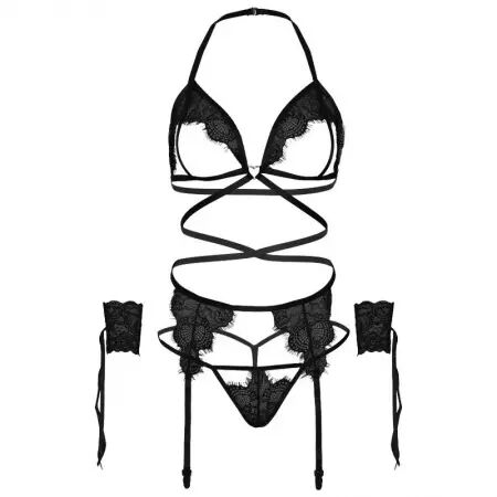 LEG AVENUE - ENSEMBLE QUATRE PIÈCES SOUTIEN-GORGE, STRING, PORTE-JARRETELLES ET POIGNETS TAILLE UNIQUE - NOIR