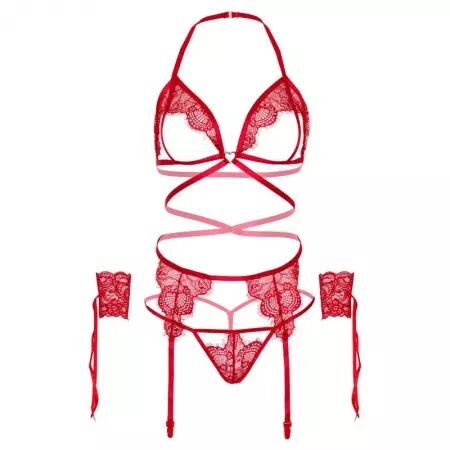 LEG AVENUE - ENSEMBLE QUATRE PIÈCES SOUTIEN-GORGE, STRING, PORTE-JARRETELLES ET POIGNETS TAILLE UNIQUE - ROUGE
