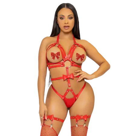 LEG AVENUE - KINK - HARNAIS CLOUTÉ O-RING TEDDY TAILLE L - ROUGE