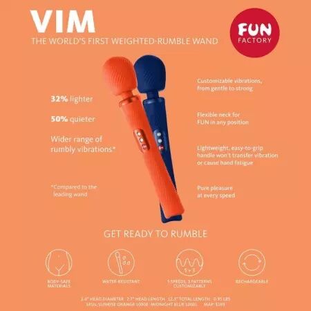 FUN FACTORY - VIM SILICONE RECHARGEABLE VIBRANT LESTÉ RUMBLE WAND SUNRISE ORANGE