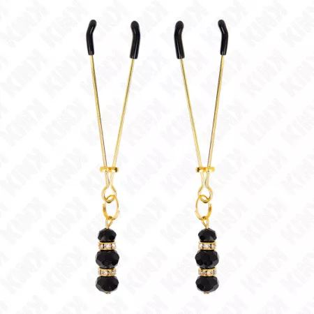 KINK - PINCES À TETON FINES OR AVEC 3 BILLES DE VERRE NOIR 7 CM