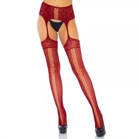 LEG AVENUE - BAS DENTELLE BORDEAUX AVEC JARRETIÈRE TAILLE UNIQUE