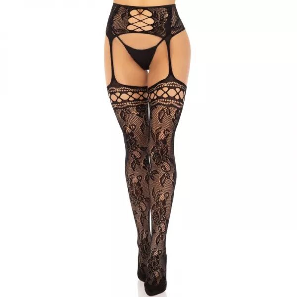 LEG AVENUE - BAS JARRETI�RE DENTELLE FLORALE NOIR