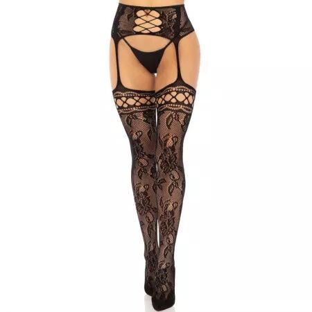 LEG AVENUE - BAS JARRETIÈRE DENTELLE FLORALE NOIR