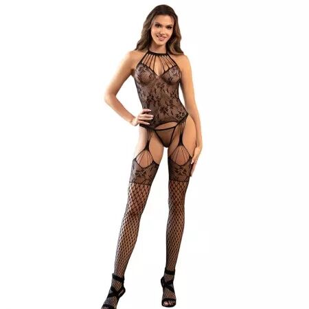 SUBBLIME - 952136 BODYSTOCKING EN RÉSILLE SANS FOURCHE AVEC DÉTAILS FLORAUX ET COL LIEN NOIR TAILLE UNIQUE