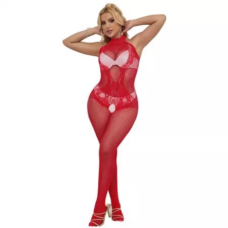 SUBBLIME - 952372 BODYSTOCKING RÉSILLE ET DENTELLE SANS FOURRURE COL MONTANT ROUGE TAILLE UNIQUE