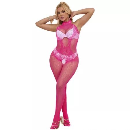 SUBBLIME - 952389 BODYSTOCKING RÉSILLE ET DENTELLE SANS FOURRURE AVEC COL MONTANT ROSE TAILLE UNIQUE