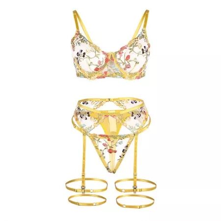 SUBBLIME - 954352 SOUTIEN-GORGE + STRING + PORTE-JARRETELLES MOTIF FLORAL JAUNE L/XL