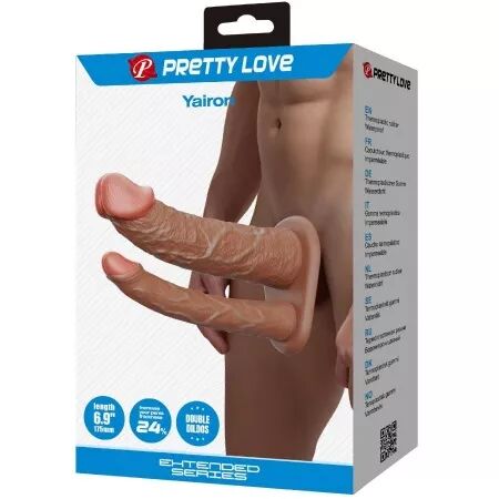 PRETTY LOVE - MANCHON DOUBLE PÉNIS YAIRON AVEC EXTENSION DE 4 CM MULÂTRE