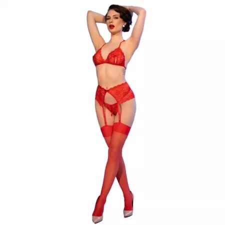 CHILIROSE - CR 4848 ENSEMBLE SOUTIEN-GORGE + STRING + BAS EN DENTELLE ROUGE XL