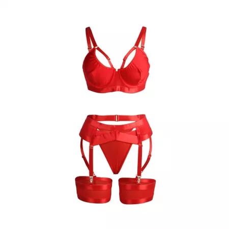 SUBBLIME - 955250 ENSEMBLE SOUTIEN-GORGE BONDAGE ROUGE AVEC JARRETELLES S/M