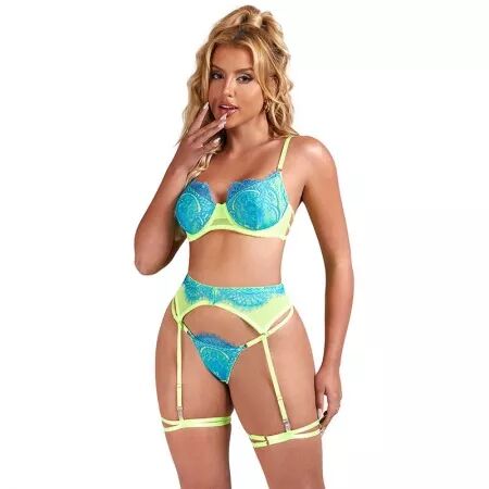 SUBBLIME - 955311 ENSEMBLE SOUTIEN-GORGE AVEC LIGNES DENTELLE ET JARRETELLE VERT ET BLEU S/M