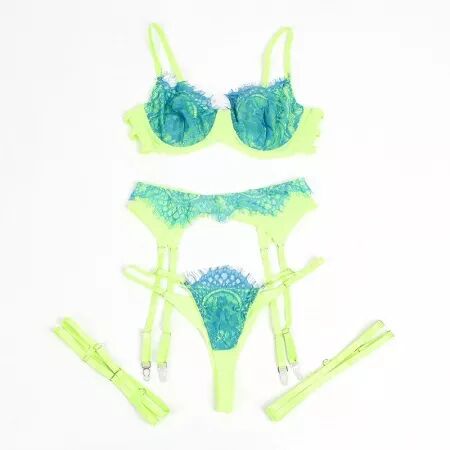 SUBBLIME - 955311 ENSEMBLE SOUTIEN-GORGE AVEC LIGNES DENTELLE ET JARRETELLE VERT ET BLEU S/M