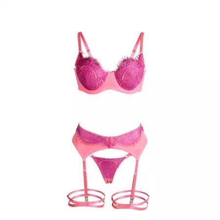 SUBBLIME - 955366 ENSEMBLE SOUTIEN-GORGE AVEC LIGNES DE DENTELLE ET JARRETELLES ROSE ET VIOLET L/XL