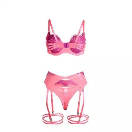 SUBBLIME - 955366 ENSEMBLE SOUTIEN-GORGE AVEC LIGNES DE DENTELLE ET JARRETELLES ROSE ET VIOLET L/XL