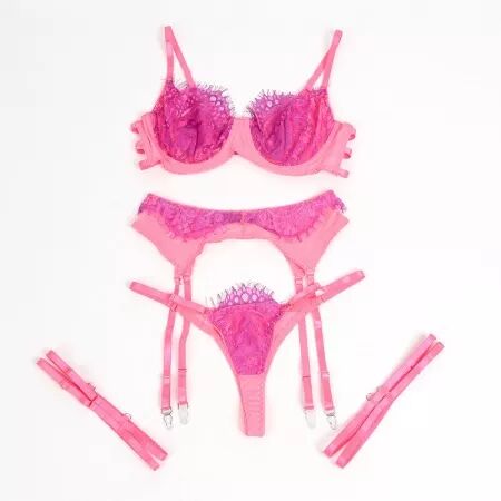SUBBLIME - 955366 ENSEMBLE SOUTIEN-GORGE AVEC LIGNES DE DENTELLE ET JARRETELLES ROSE ET VIOLET L/XL