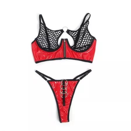 SUBBLIME - 955540 ENSEMBLE SOUTIEN-GORGE À FERMETURE ÉCLAIR EN CUIR VERNI ROUGE L/XL