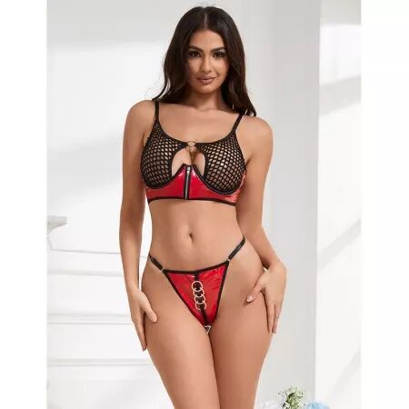 SUBBLIME - 955540 ENSEMBLE SOUTIEN-GORGE À FERMETURE ÉCLAIR EN CUIR VERNI ROUGE L/XL