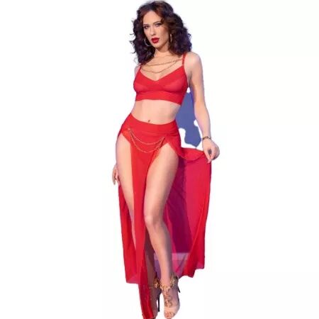CHILIROSE - CR 4850 ENSEMBLE TOP ET LEGGINGS ROUGE AVEC ACCESSOIRES DORÉS S