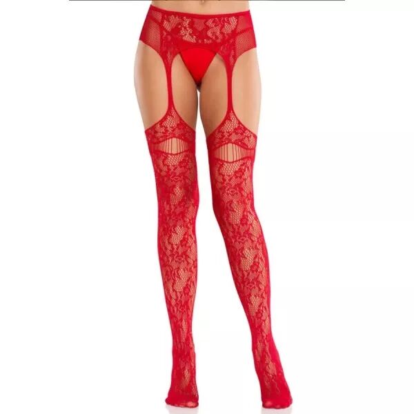 LEG AVENUE - BAS EN DENTELLE AVEC JARRETELLES ROUGES